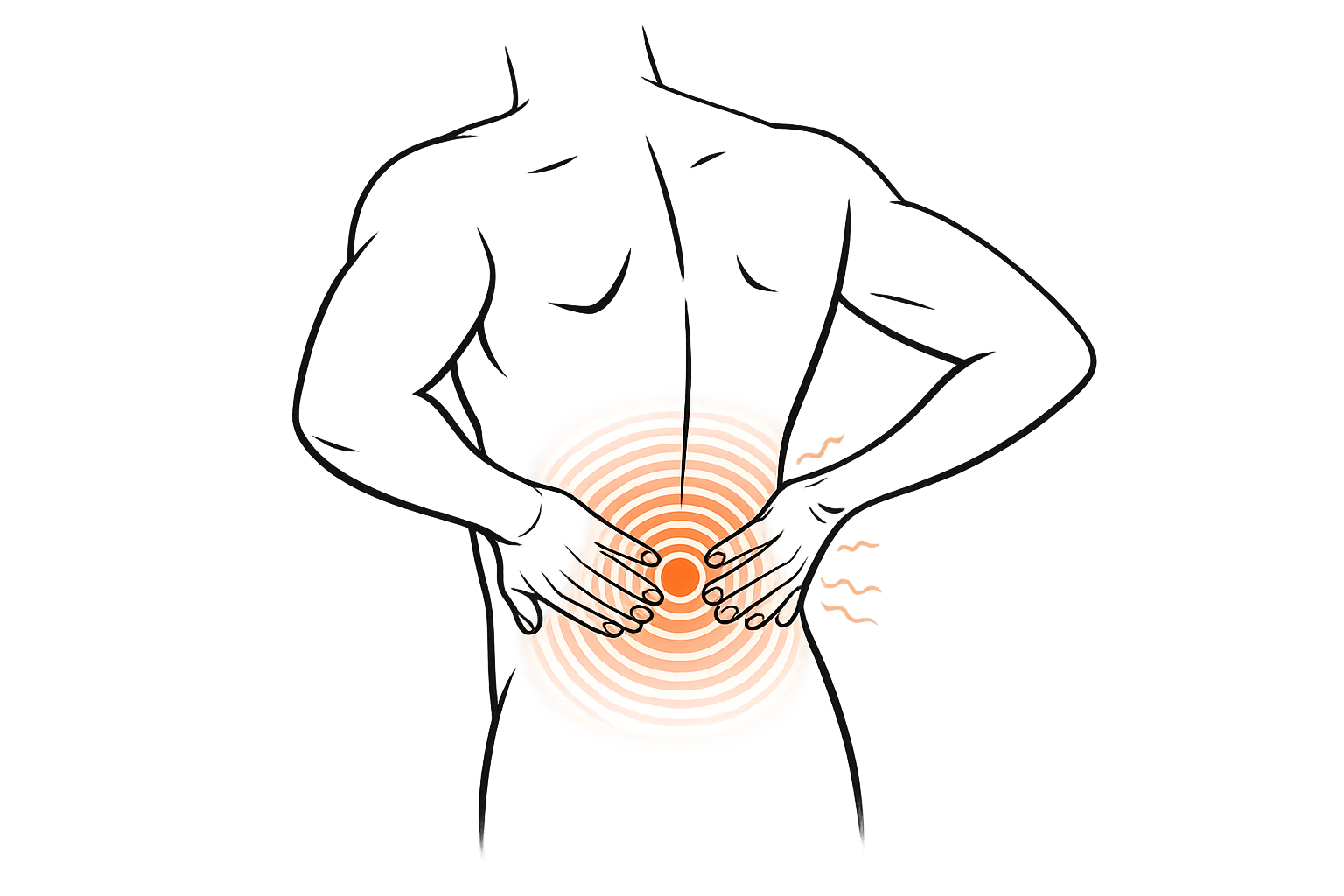 Illustration of a person holding their lower back, with concentric coral rings showing the pain area